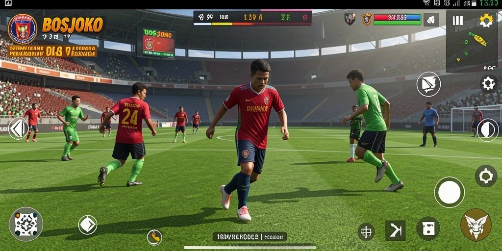 Screenshot gameplay <strong>BOSJOKO</strong> menampilkan aksi seru di lapangan sepak bola.