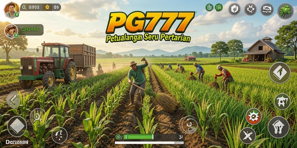 Tangkapan layar PG777 menampilkan aksi seru bertani di ladang luas.